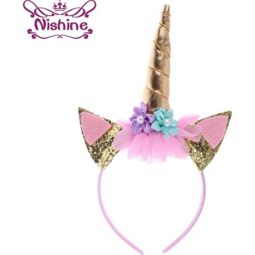 Nishine Gold/Silver Unicorn Horn Headband Handmade Kids Party Headwear Birthday Gift Hairband Hair Band Accessories