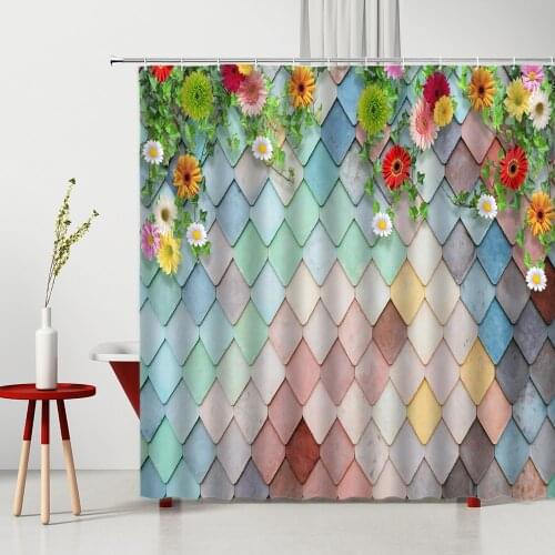 Flower Geometry Shower Curtain Rural Colorful Flower Vines Background Wall Cloth Home Decoration Bathroom Curtains With Hooks