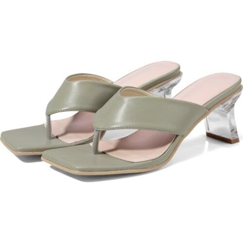 2021 New Flip Flops Ladies Shoes Women Slippers Transparent High Heels Fashion Square Toe Shoes Summer Party Dress Shoes Female