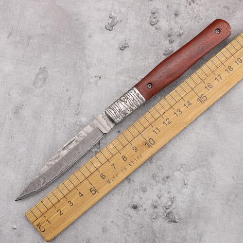 Custom Folding Damascus Steel Sandalwood Handle Outdoor Camping Hunting Multi-Function Pocket Fruit Knife EDC Tool