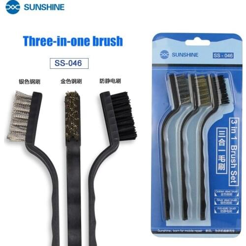 Sunshine SS-046 3 in1steel brush Gold/Silver/Anti-static Steel Cleaning brush dust removal mobile phone repair tools Maintenance