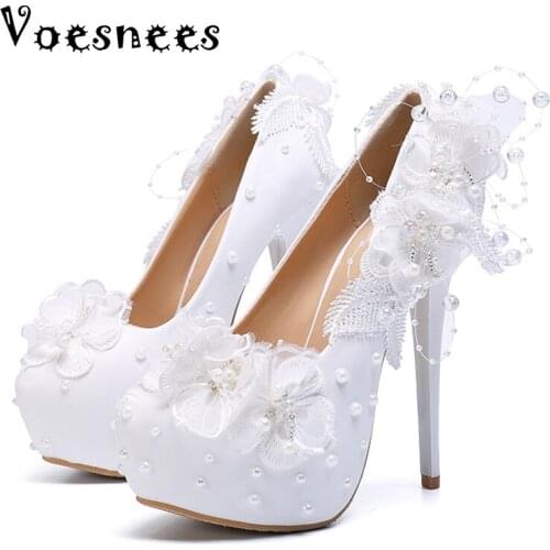 2021 HOT White Rose Flower Lace Wedding Shoes High Heel 14CM Bridal Shoes Princess Pumps Platform Shoes Women Plus Size 34-43