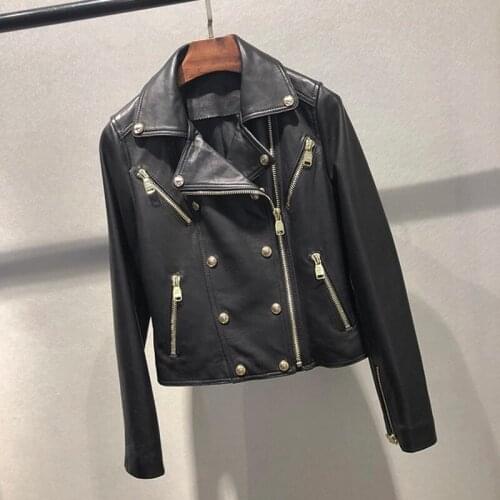 Spring Coat Women And Autumn New Zealand Import Genuine Leather Jacket Turn-Down Collar Female Locomotive Model Style