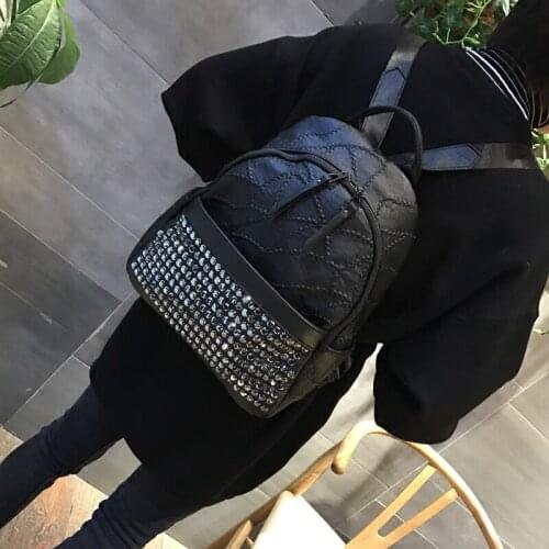 Women cool rivet personality black bakpack for female fshion large capacity pu leather shoulder daypack bag
