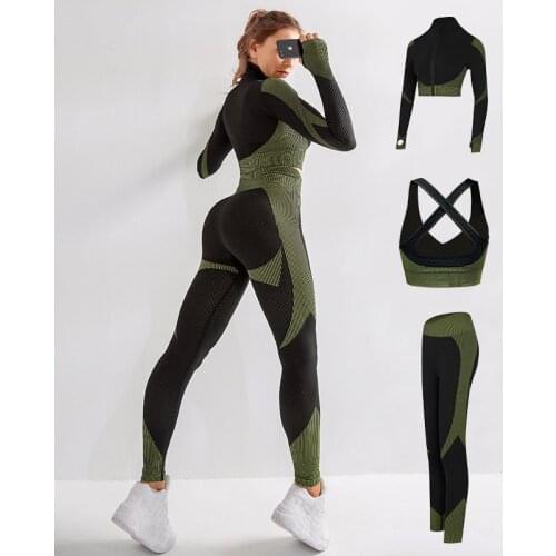 Womens Sportswear Yoga Set Workout Clothes Athletic Wear Sports Gym Legging Seamless Fitness Bra Crop Top Long Sleeve Yoga Suit