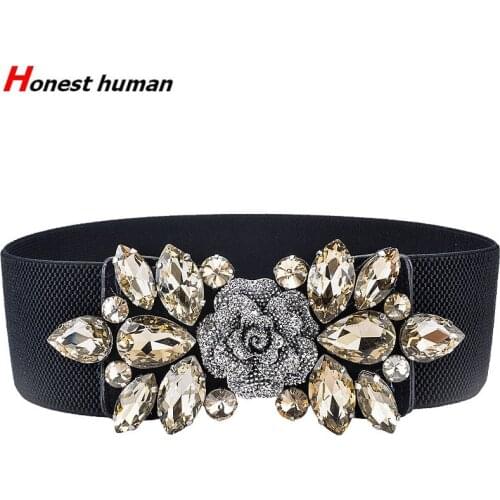 6cm Wide Women Elastic Waistband Fashion Luxury Beaded Crystal Leather Buckle Decorative Waist Belt Vintage Black cinturon ancho