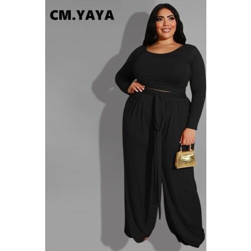 CM.YAYA Women Plus Size Tracksuit Solid Full Sleeve O-neck Crop Tops Bandage Wide Leg Loose Pants Two 2 Piece Sets Outfit Autumn