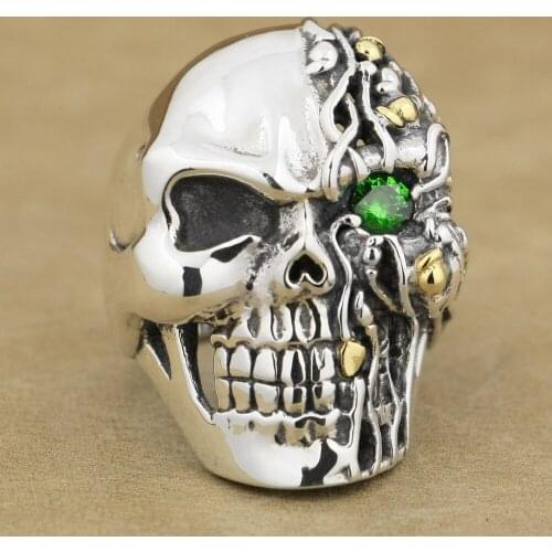 925 Sterling Silver Green CZ Eye Skull Ring Mens Biker Rocker Punk Style 8V306 US Size 7~15