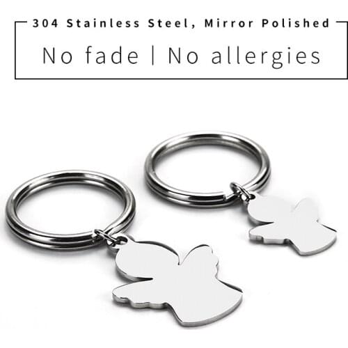 100% Stainless Steel Blank Angel Key Chain Angel Charm Pendant Metal Tag Personalize Key Chains High Polished Wholesale 50pcs