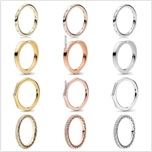 Authentic 925 Sterling Silver Rose Golden Signature Hearts Rings For Women Wedding Party Europe Fashion Jewelry