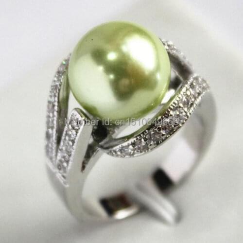 FREE SHIPPING >>>PRETTY 12MM GREEN SOUTHSEA SEHLL PEARL WOMEN RING SIZE6-8