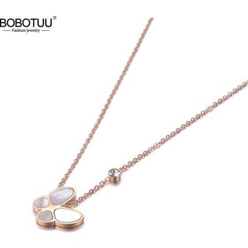 BOBOTUU Original Titanium Steel Butterfly Animal Pendant Jewelry CZ Crystal Shell Choker Wedding Necklaces For Women BN19090