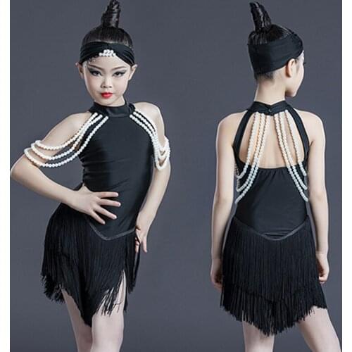 Children Girls Latin Dance Dress Sleeveless Pearl Chain Black Fringe Dress Practice Clothing Cha Cha Rumba Show Costume BL6927