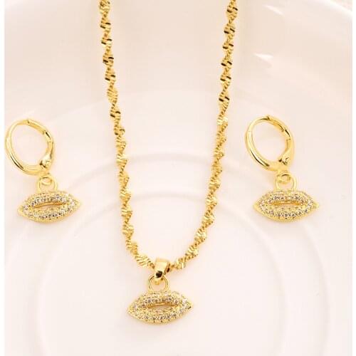 Dubai Fashion Jewelry Sets Necklace cz lip diamond Pendant Earrings Jewelry Gold Dubai Bridal Wedding Jewelry Party Gifts