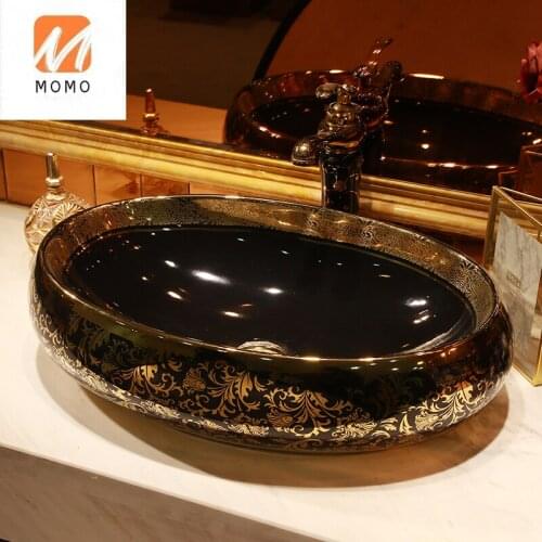 Golden Pattern Handmade China Washbasin Bathroom Sink Bowl Countertop Oval Shape Ceramic Wash Basin Black Bathroom Sink