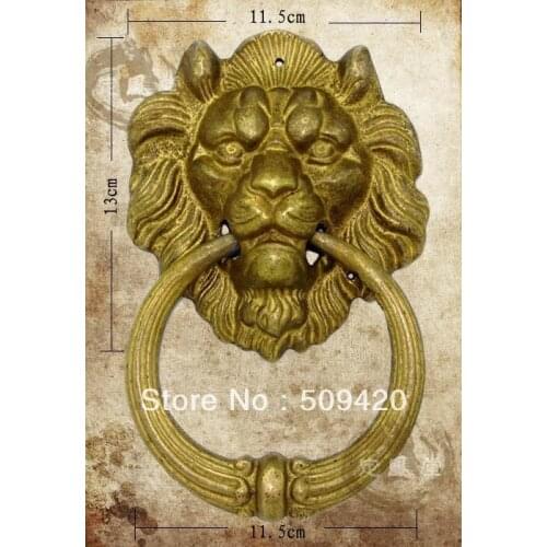 ~Chinese Bronze Fierce Lion Head Door Knocker 7"High Yellow Color ff