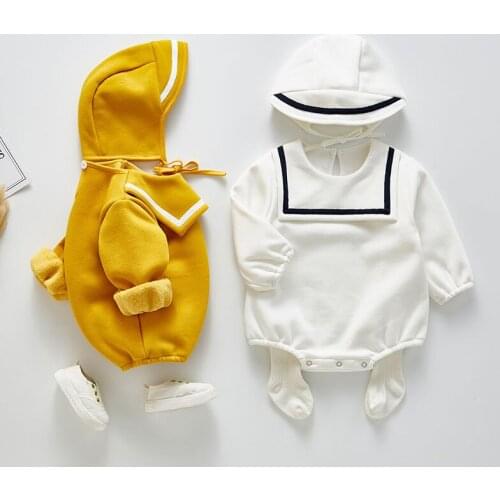 Girls Boys Winter Navy Collar Baby Romper Clothes Cotton Keep Warm Hat And Velvet Jumpsuit Go Out Romper Baby Clothing