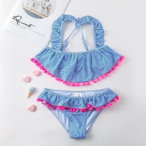2019 NEW Girls Swimwear 3 to 13Years Children Swimsuits Twe Piece summer Kids Bikini Sets Blue striped Girls Beach wear-ST149