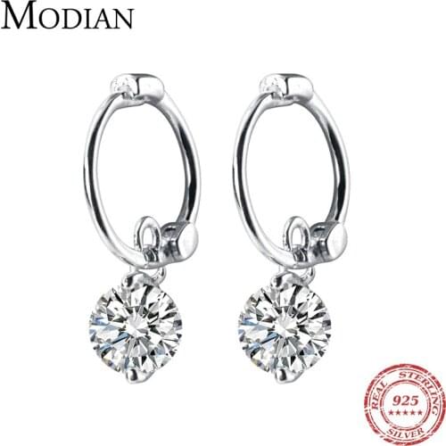Modian Classic 100% 925 Sterling Silver Round Shape Clear CZ Swing Hoop Earrings for Women Wedding Engagement Fine Jewelry