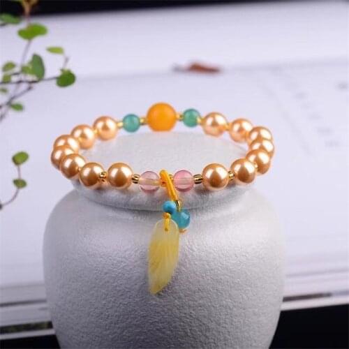 Trendy Yellow Beizhu Stone Beads Charm Bracelets & Bangles for Women Round Beaded Strand Jewelry Pulseira Feminina
