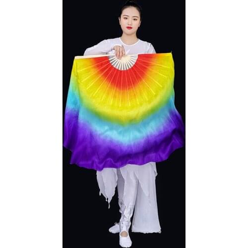 Professional Rainbow Reak Silk Fan Veils 1Pair Belly Dance Bamboo Folding Fan colorful Stage Performance Props Fans 41cm-86cm