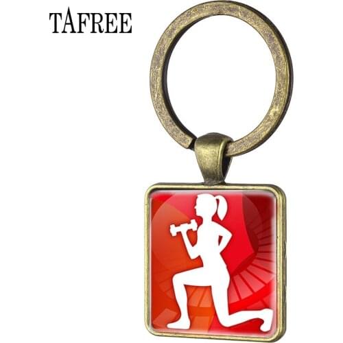 TAFREE Glass Cabochon Art Open Girl Photo Dumbbells Fitness Painting Bodybuilding Pictures Square Pendants keychain FQ501