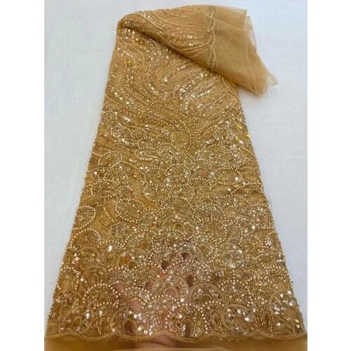5yards/pc) High quality beads and sequins embroidered African French net lace gold tulle lace fabric for gorgeous dress FRX054