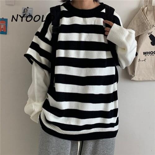 NYOOLO Vintage Striped Fake 2 Pieces Patchwork Long Sleeve Knitted Pullovers Sweaters Women Men Clothes Autumn O-Neck Knitwear