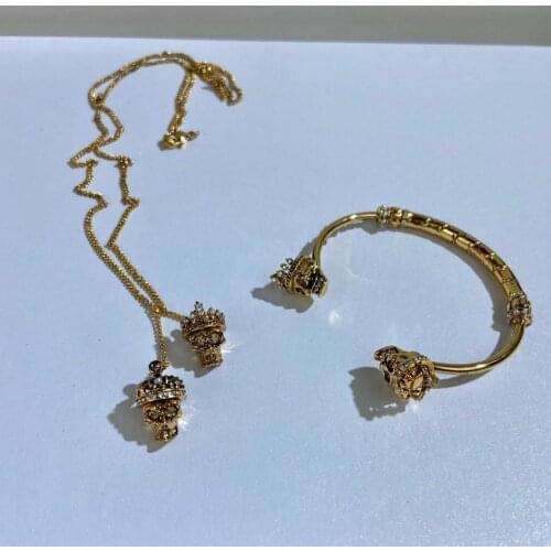 Brand Fashion Jewelry Bracelet Gold Plated Skull Party Vintage Pendant Bone Black Crystal Crown Necklace Bangle Set Design