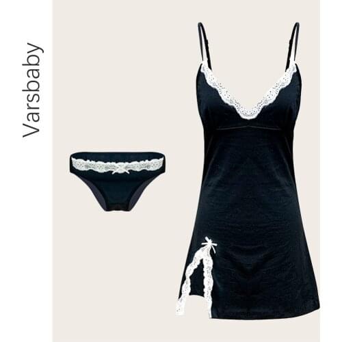 Varsbaby Ladies Cotton Nightdress Home Wear Comfortable Hot Sexy Deep V +Soft Cotton Panties Suit 2 Pieces/Pack