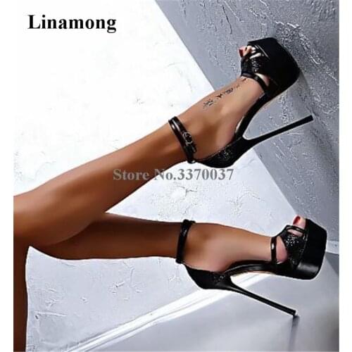 Women Newest Sexy Open Toe Black Pattern Leather High Platform Sandals Ankle Strap Super High Heel Sandals Club Shoes