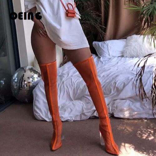 Summer Women Mesh Thigh High Boots Clear Thick Heels Over The Knee Boots Fashion Womens Shoes Big Size 46 Botas De Mujer 2021