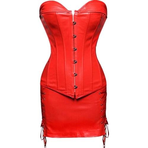 Steampunk PU Faux Leather Body Shaper Overbust Corsets Mini Skirt Set Plus Size Sexy Corset Dress For Women