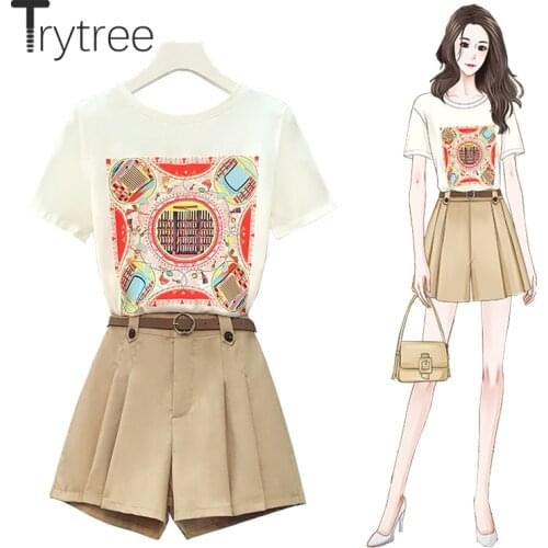 Trytree 2021 Summer Women Two Piece Set Casual Cotton Printed O-neck T-shirt + Wide Leg Shorts Belt Office Lady 2 Piece Suit