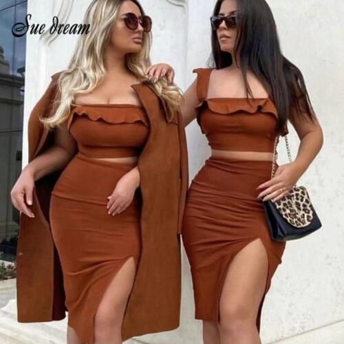 Women Summer Style Sexy Sleeveless Ruffle Brown Split Backless Two Piece brown Bandage Set 2021 Celebrity Fashion Womens Set