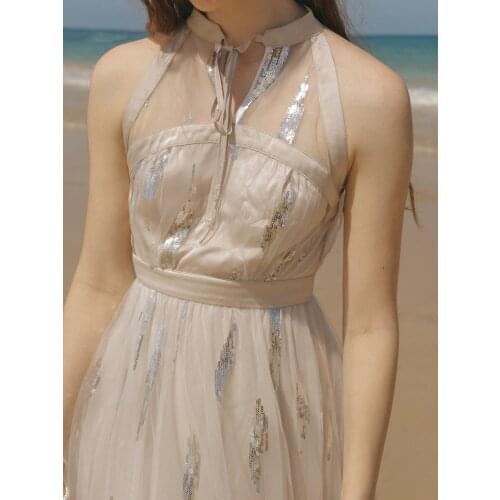 Beach Women Casual Boho Long Womens sundress Vintage Elegant Bohemian Shining BlingblingSequined Mesh Maxi Dress