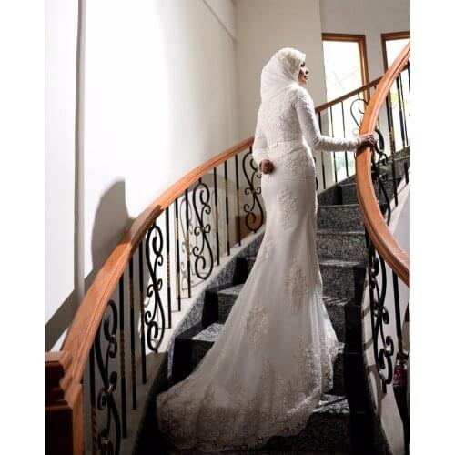Vestido De Noiva 2019 Elegant Long Sleeve High Neck Muslim Wedding Dresses Lace Zipper Back Sash Islamic Wedding Gowns