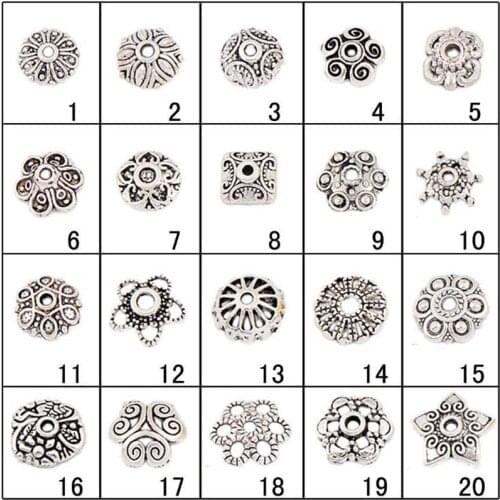100pcs/lot antique silver alloy beads caps flower torus beads DIY jewelry accessories alloy receptacle flower hat 20 styles
