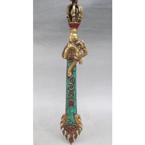 11.4" Old Tibet Tibetan Turquoise Bronze Manjushri Wisdom Sword