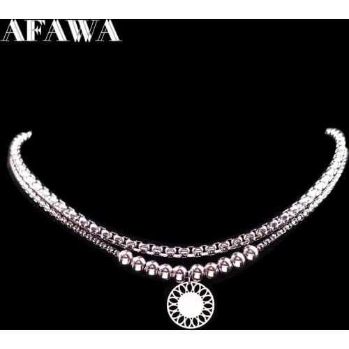 2021 New Fashion Sunflowe Stainless Steel Necklace Women Double Silver Color Charm Necklace Jewelry accesorios mujer N17921