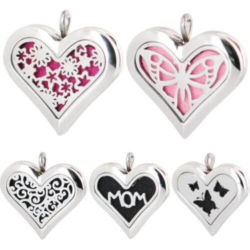 Amya 36mm Heart Aromatherapy Essential Oils Stainless Steel Perfume Diffuser Locket Necklace with chain Pads