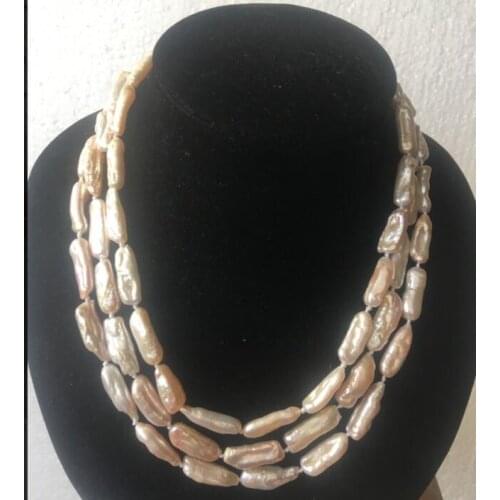 Free Shipping ***Hot sale >>3row 20mm pink BAROQUE KESHI REBORN biwa PINK PEARL NECKLACE