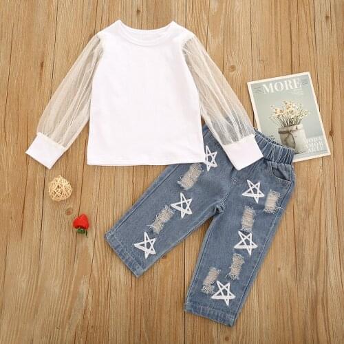 Children 2Pcs Casual Outfits For Baby Girls Mesh Long Sleeve Top + Ripped Denim Long Pants Toddler Clothes Spring Infant Set