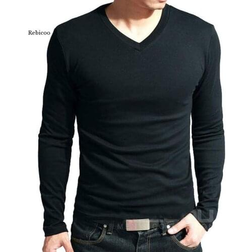 Elastic Mens T-Shirt V-Neck Long Sleeve Men t Shirt for Male Lycra and Cotton T-Shirts Man Clothing Tshirt
