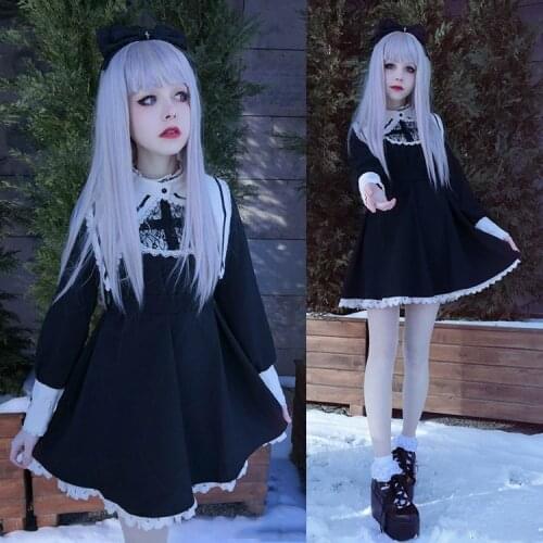 Gothic Lolita Darkness Style Corss Dress Sister Style with Fake Collar Lace Long Sleeves Cute Unique Design