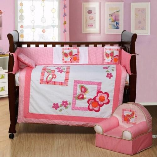 7PCS Embroidery Pink Baby Bedding Crib Infant Cot Bedding Set Quilts ,include(bumper+duvet+sheet+pillow)