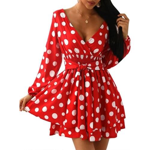 2021 New Autumn V Neck Dot Mini Dress Winter Casual Long Sleeve Sashes Elegant Female Irregular A-Line Dresses Party Vestidos