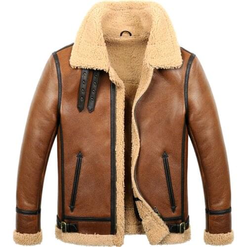 Mens Sheepskin Shearling Coat B3 B6 Mens Sheepskin Bomber Jacket Short Aviator Fur Coat Brown Color