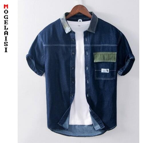 New casual shirt men short sleeve 100% cotton dark blue Denim shirt tops man summer clothing Asian size 874