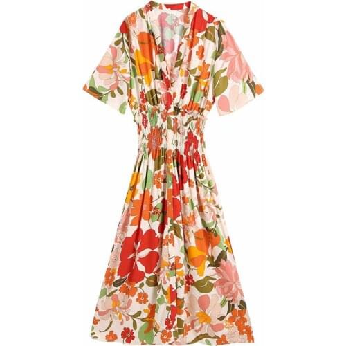 Evfer Fashion Nice Za Flower Print Elastic High Waist Slim Long Dresses Female Casual Short Sleeve V-Neck Single Breasged Dress